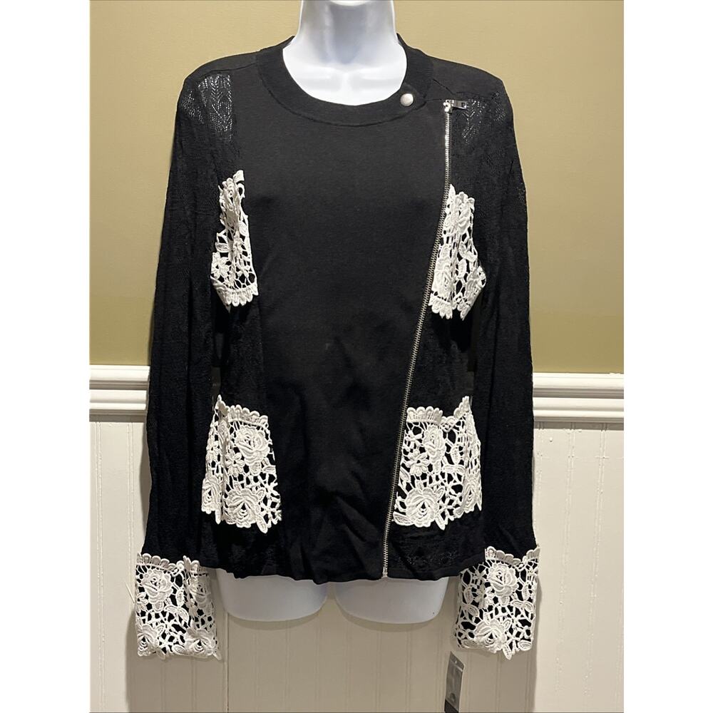 INC Black Ribbed Crochet Lace Sweater – Zip Front Women’s Medium NWT